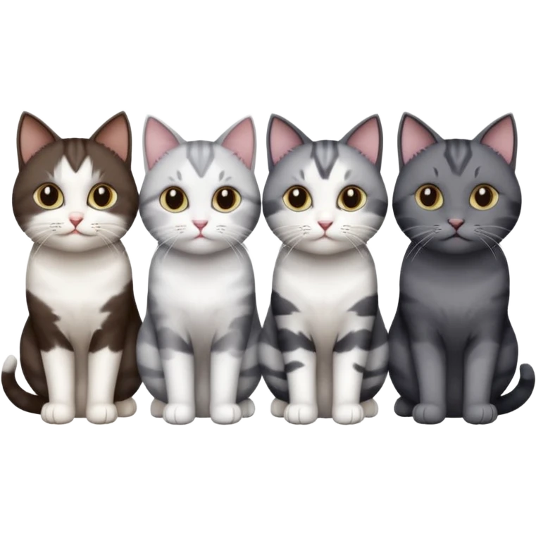 4 different coloured short haired cats including; a dark brown and white cat, and a dark grey and white  emoji