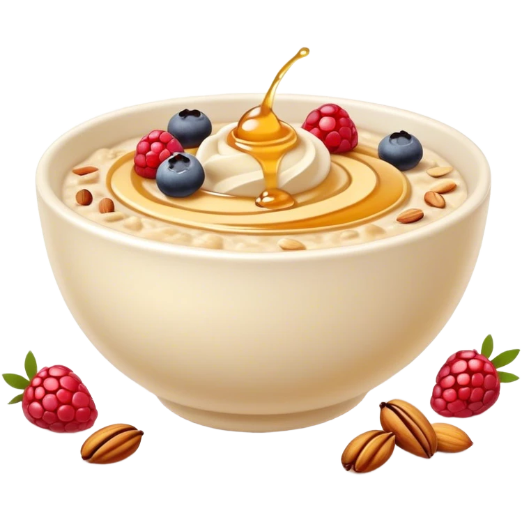 Cinematic creamy oatmeal, smooth texture with a swirl of honey on top, garnished with fresh berries and nuts, warm and comforting, cozy golden tones, rich and delicious. emoji