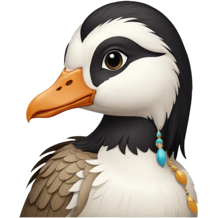 goose with long black hair and swoop bangs over one eye emoji