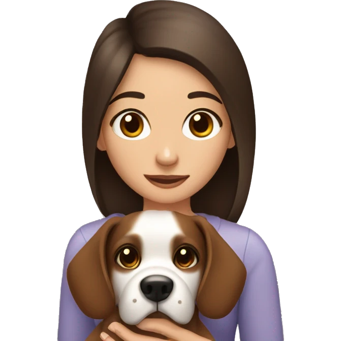 brunette girl, brown eyes , holding her phone in one hand and a dog in the other emoji