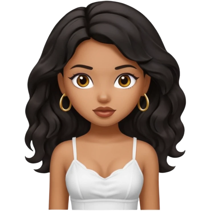 a pretty bratz tan girl with wavy black hair wearing a white cami top. Skintone is brown emoji