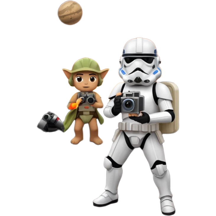 stormtrooper holding a camera, vlogging with Yoda in the background, lava planet setting emoji