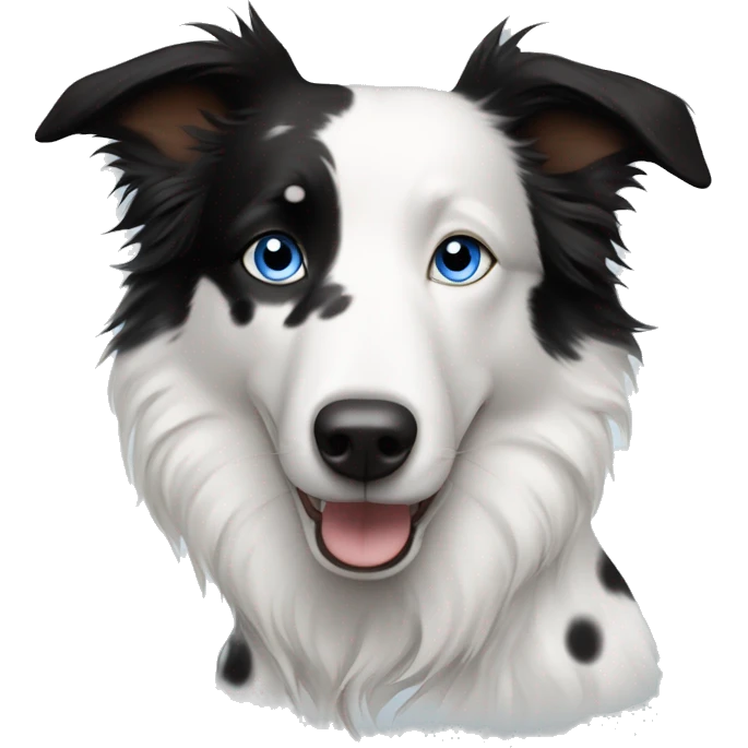 A white with black spots merel border collie with one blue eye and one brown eye ears sticking up  emoji