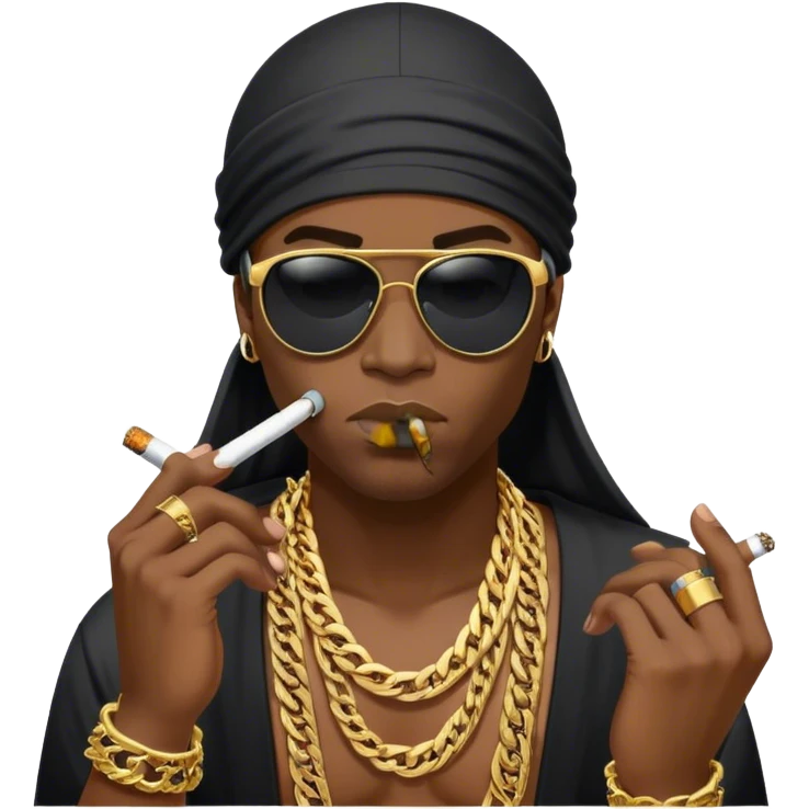 make me an image of a black emoji and he is wearing a durag smoking a cigarette with a massive gold chain on that says BIG N and he is wearing black sunglasses  emoji