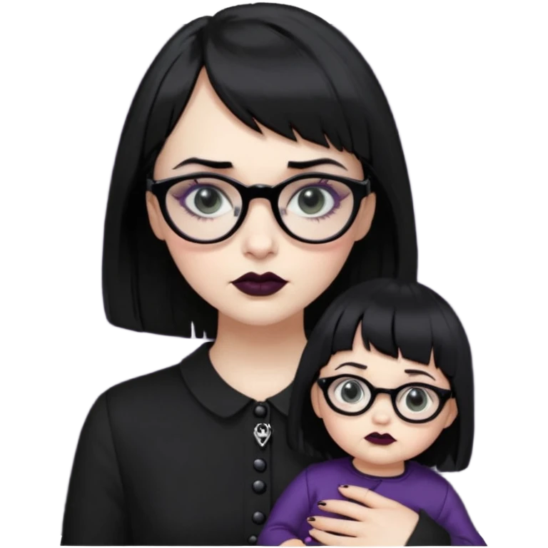 white woman with medium length black hair and baby bangs, glasses, with goth makeup and clothing  emoji