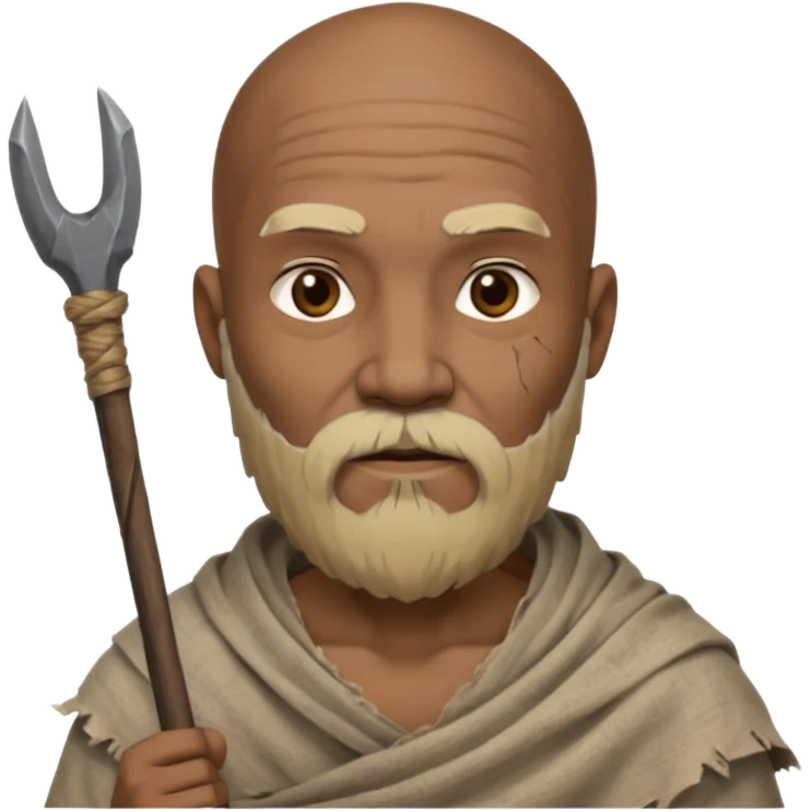black ancient man, tattered cloth with raw stick weapon, beard and bold emoji