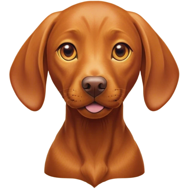 Cinematic Cute Vizsla Portrait Emoji, Head tilted playfully and inquisitively, featuring a sleek rust and gold Fur with a natural sheen, round, sparkling amber eyes filled with curiosity, Simplified yet irresistibly adorable features, highly detailed, glowing with a warm, friendly glow, high shine, affectionate and spirited, stylized with a touch of whimsy, bright and endearing, soft glowing outline, capturing the essence of a mischievous yet loving companion, so playful it feels like it could dash out of the screen and into your arms! emoji