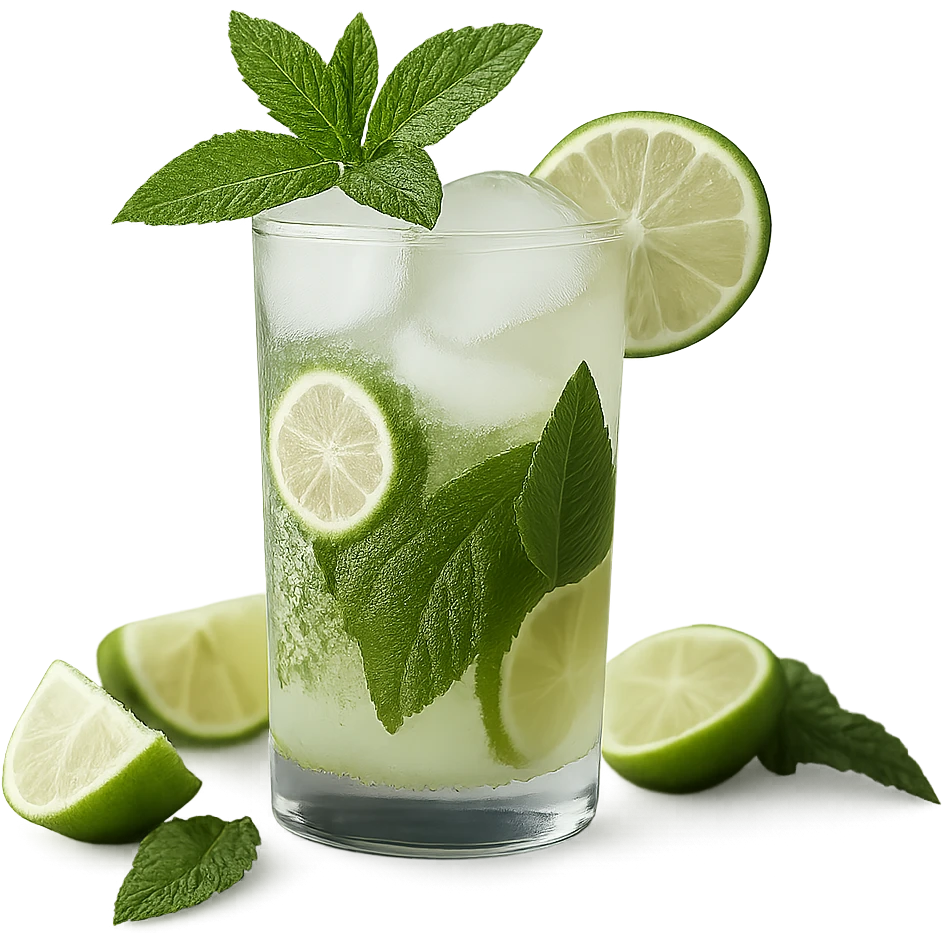 Remove the background, keep only the realistic mojito cocktail in photorealistic style with transparent background. emoji