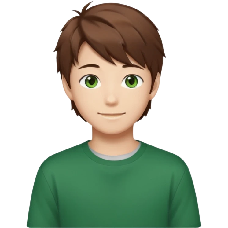 the face of an Anime asian style teen boy with brown hair, green eyes, looking smiling slightly sideways positioned. Face must be main filling of the emoji.  128px emoji