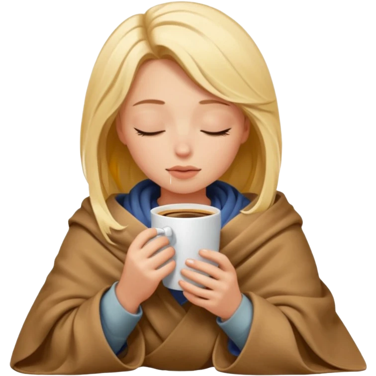 Blonde girl inside a blanket sipping coffee eyes closed emoji