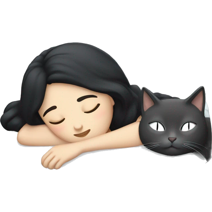 white girl with black hair sleeping with a gray cat emoji