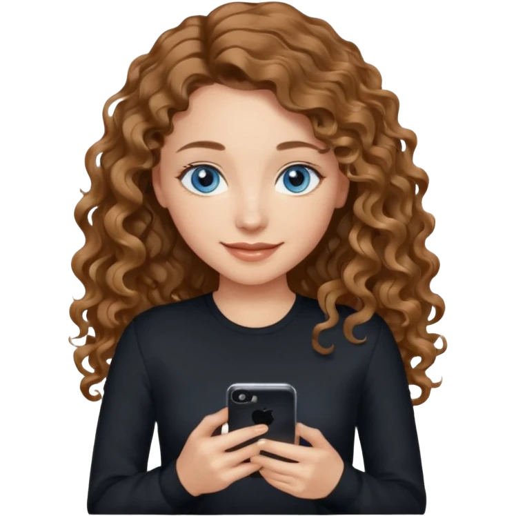 generate a pretty woman with blue eyes, light skin and medium brown long wavy almost curly shiny hair holding a phone she is looking at the phone while looking down at the screen. she is wearing an ALL black long sleeve. she is smiling emoji