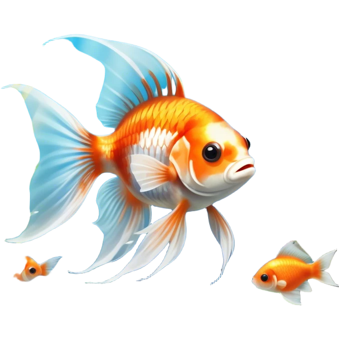 Large aquarium fish like veil tails and lionhead goldfish swimming gracefully in a beautifully decorated aquarium. Colorful aquatic plants, smooth rocks, and gentle bubbles surround the fish. The water shimmers in sunlight, creating a peaceful and vibrant underwater scene. Transparent background. emoji