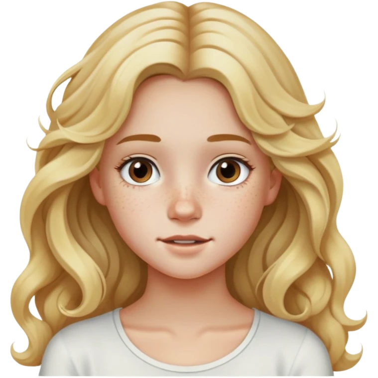 teenage girl with long wavy blonde hair, freckles, white top emoji