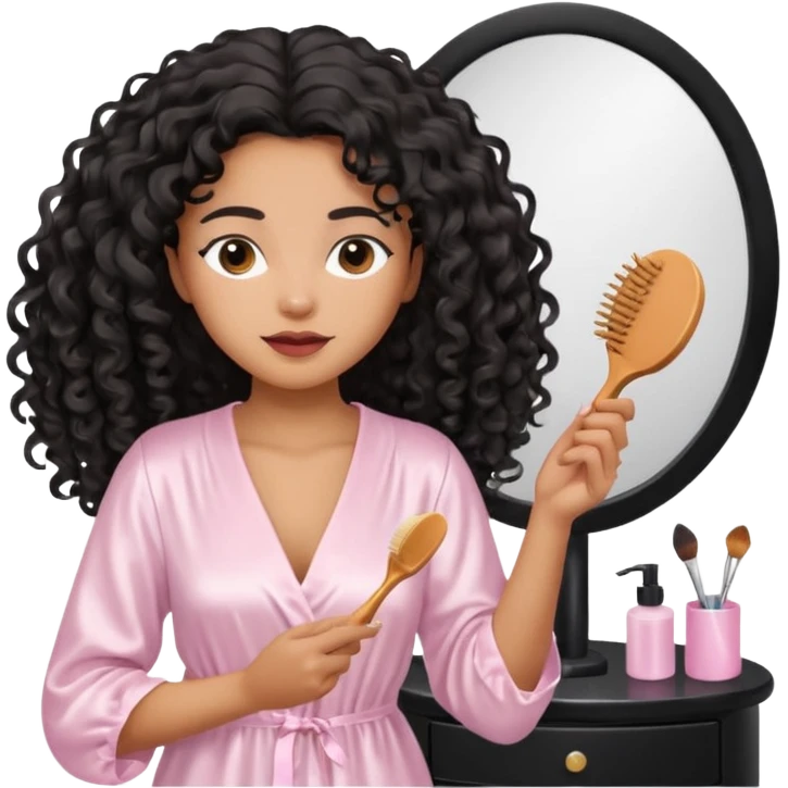 Mixed-race woman with caramel skin, wearing a white satin nightgown, brushing her long black curly hair in front of a pastel pink vanity emoji