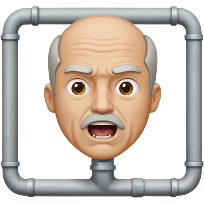 50 year old white male with an open mouth. No moustache—over his mouth is a square frame made of concrete connected to a drain pipe. He is proud and thinks his right, while being slightly angry because the joke is on him. emoji