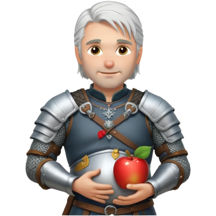 Geralt of Rivia holding pregnant belly, silver hair, medieval armor, gentle smile, Apple emoji style emoji