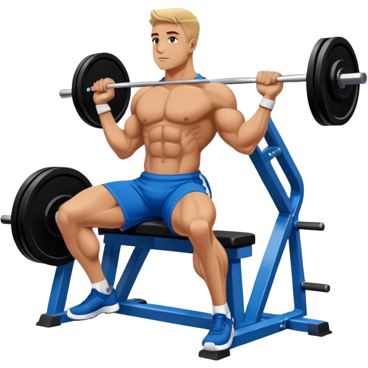 side-view bodybuilder in blue shorts seated weighted calf-raise machine on his tip toes emoji