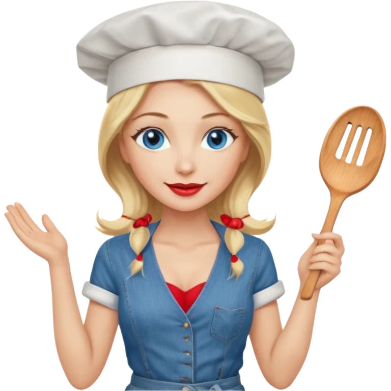 Beautiful, sexy,  long blonde hair, blue eyed, full red lips plunging v neck shirt, denim shorts, chef hat  emoji