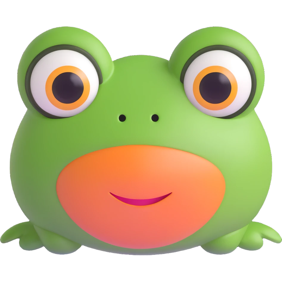 3D emoji style frog face, front view, big round eyes, simple and cute emoji