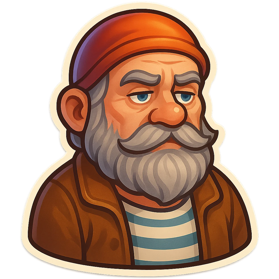 A dwarf with gray hair, a gray mustache, a gray beard, and gray eyebrows. He has blue eyes and wrinkles on his forehead. He is wearing a striped t-shirt and a brown jacket. The dwarf is displaying an idle emotion. emoji