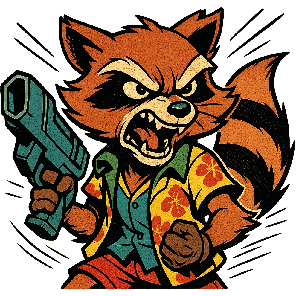 Rocket Raccoon Marvel Rivals summer skin, comic book style, angry face, no background, based on attached reference emoji