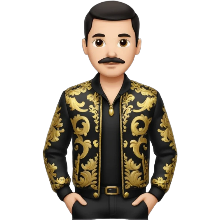 man with slicked-back dark hair and a mustache, wearing a black and gold ornate patterned jacket over a black shirt, hands in pockets, standing confidently emoji