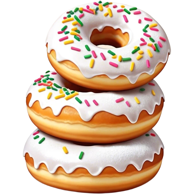Cinematic fluffy donuts, perfectly golden and dusted with powdered sugar, vibrant icing with sprinkles, stacked in a playful arrangement, soft glowing highlights, warm and inviting. emoji