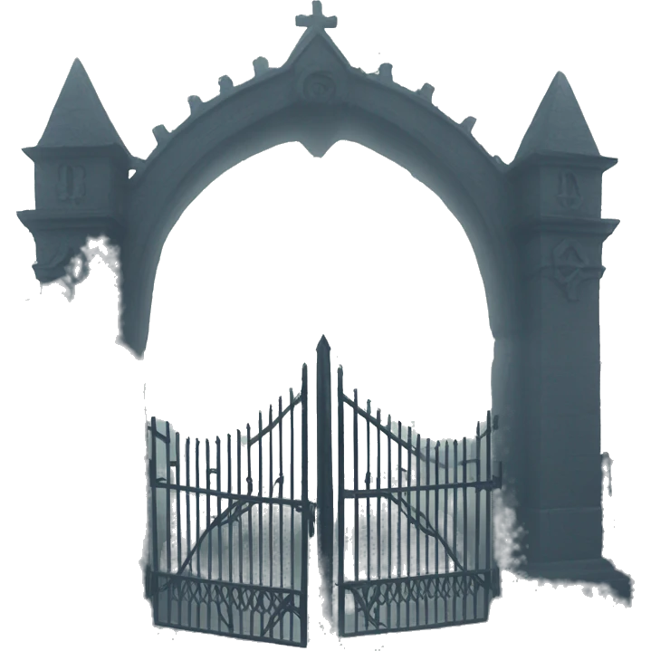 Haunting foggy graveyard gate at noon, light fog emoji