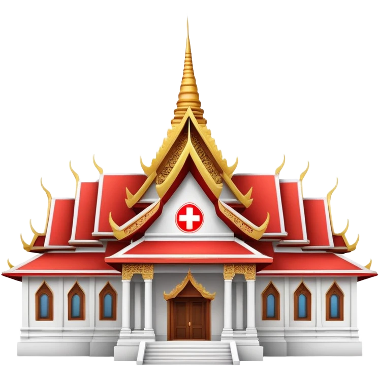 Traditional Thai hospital with pointed roof architecture, red cross symbol, ornate details, with traditional Thai architectural elements emoji