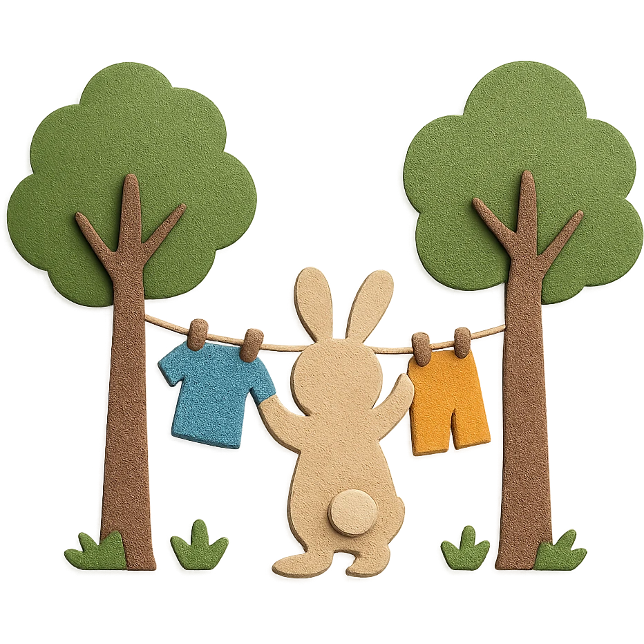 bunny hanging laundry between trees, calming domestic forest feel, paper craft style, high quality, no imperfections emoji