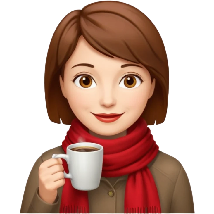a middle age woman with brown short hair, having red scarf, drink coffee, enjoy emoji