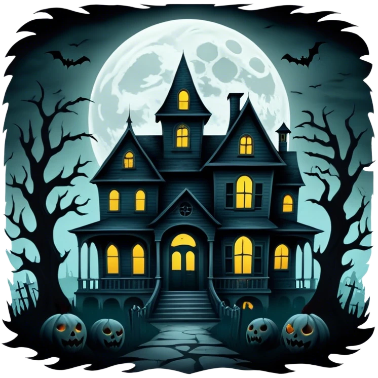 Icon for Horror Movies: A dark, eerie collage featuring iconic horror elements like a haunted house, a full moon, sinister shadows, and creepy creatures emerging from the darkness. The atmosphere should be chilling, with a feeling of suspense and fear. Transparent background. emoji