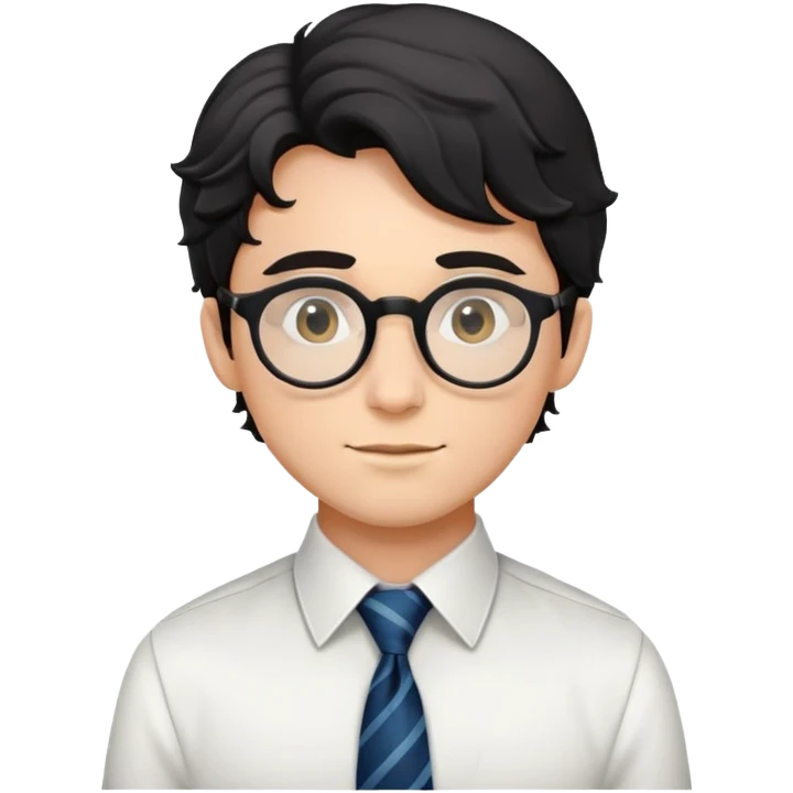 Young man with black wavy hair, round glasses, dressed for theater in smart casual outfit with dress shirt and tie emoji