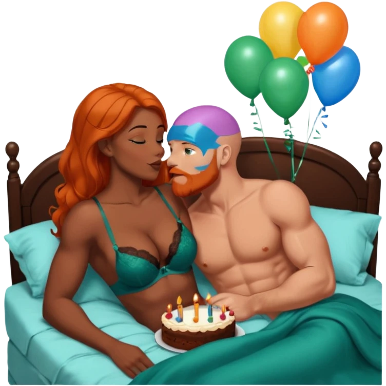 Muscular Bald white male who has a orange beard & blue eyes, kissing curvy African American dark brown woman who has long brown black hair wearing dark green lingerie Laying in bed with chocolate birthday cake and balloons, tenderness, physical romance, pairbonding  emoji
