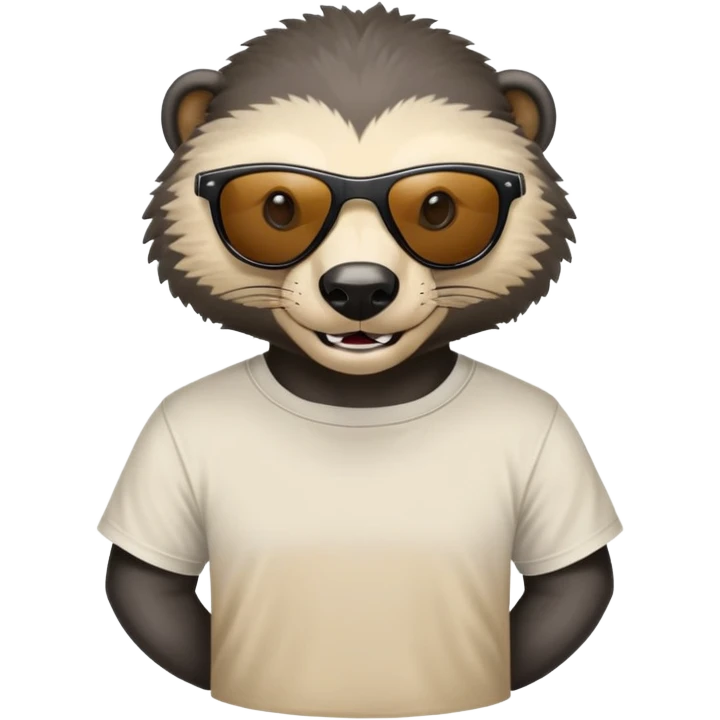 friendly anthropomorphised honey badger head and neck wearing sunglasses, top of t-shirt visible emoji
