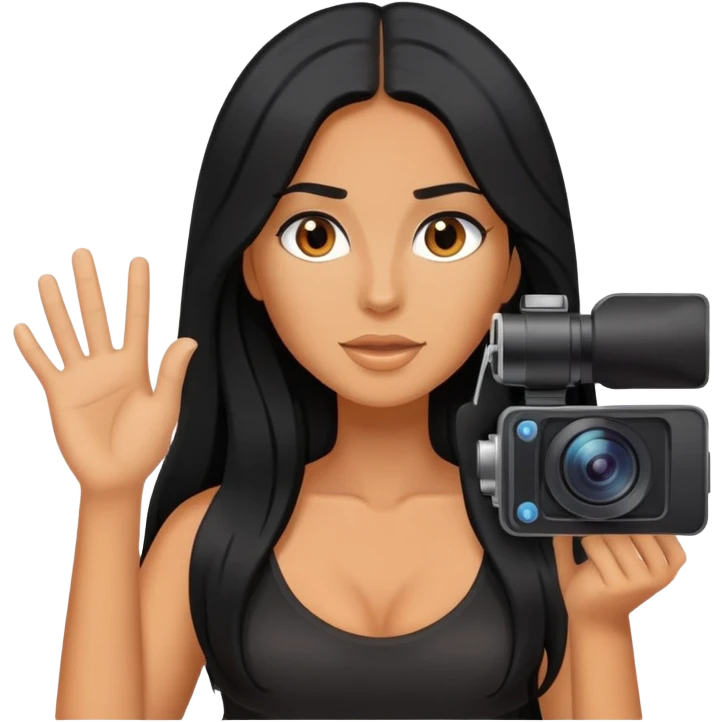 content creator, filming, black long hair tanned woman, hot  emoji