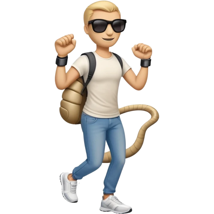 friendly anthropomorphised cobra in jeans and a t-shirt, wearing dark sunglasses, jogging upright in relaxed pose emoji