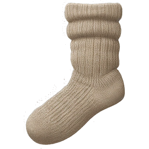 A pair of knit socks in neutral tones folded neatly or being worn while lounging.  emoji