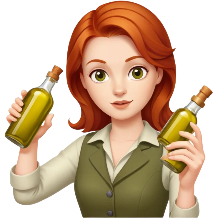 redhead person holding olive oil bottle like a pistol, playful pose emoji