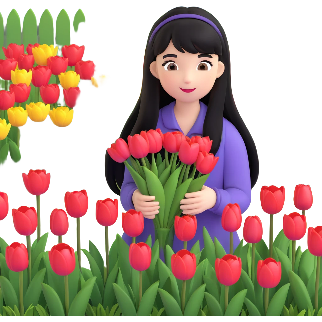 girl with long black hair and thin bangs, gathering tulips in a garden emoji