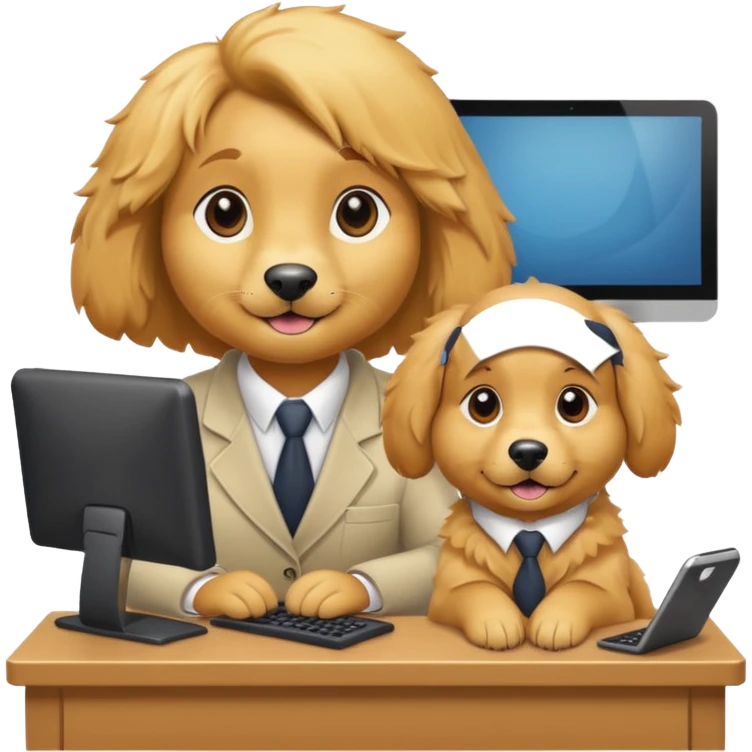 golden retriever receptionist emoji, with a computer and phone on the desk, approachable look emoji