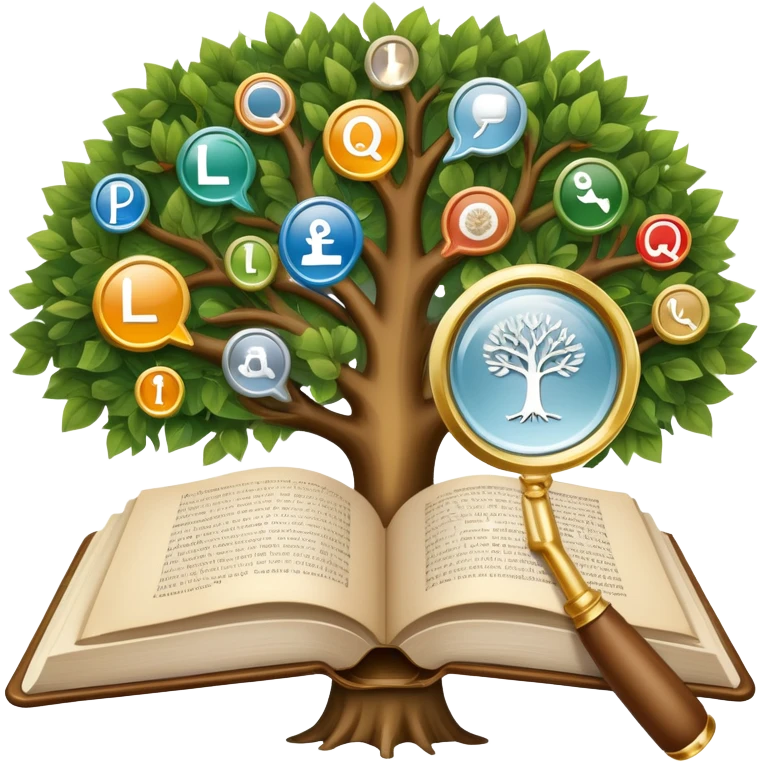 An icon featuring an open book, a speech bubble, and a linguistic tree, symbolizing philology and linguistics. The design includes alphabets, language symbols, and a magnifying glass, representing the study of language, structure, and meaning. Transparent background emoji