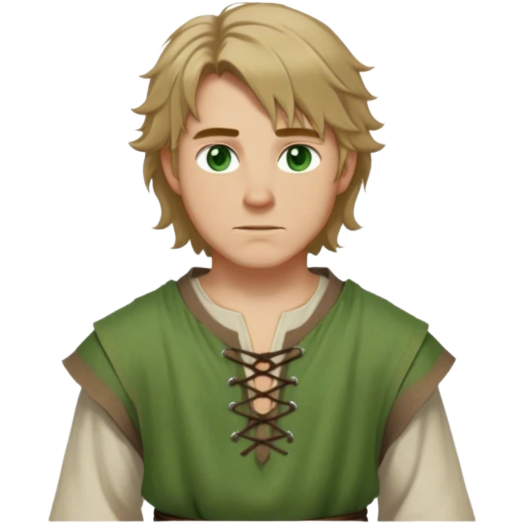 medieval summer outfit worn by a DnD themed fantasy male character. lightweight flax tunic with no sleeves and a simple tied neckline. clothes only above the waist. The clothes full waist. The character's haven't arms. character is white-skinned, dark blonde hair, green eyes, shoulder-length messy hair. emoji