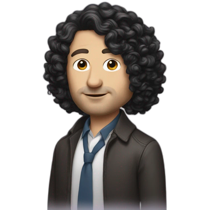 tim robinson with shoulder length curly black hair, wide triangular shape emoji