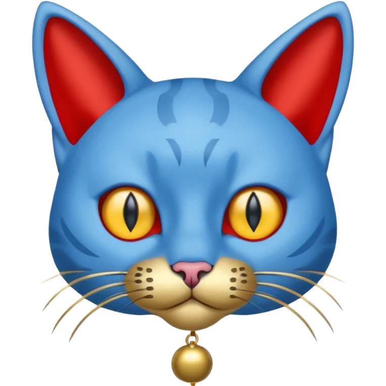 Cat with no ears head blue body blue with gadget with gold bells red tail emoji