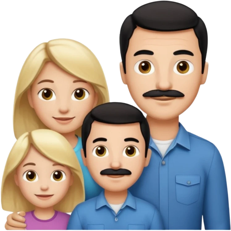 Family of 5: Mom, dad, 2 boys, one girl. Kids have blonde hair. Mom has light brown hair. Dad has black hair with mustache. emoji