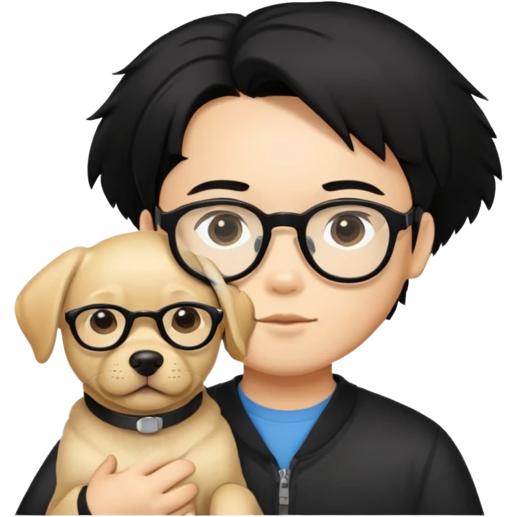 A Chinese black haired boy with black glasses holding one Labrador Retriever emoji
