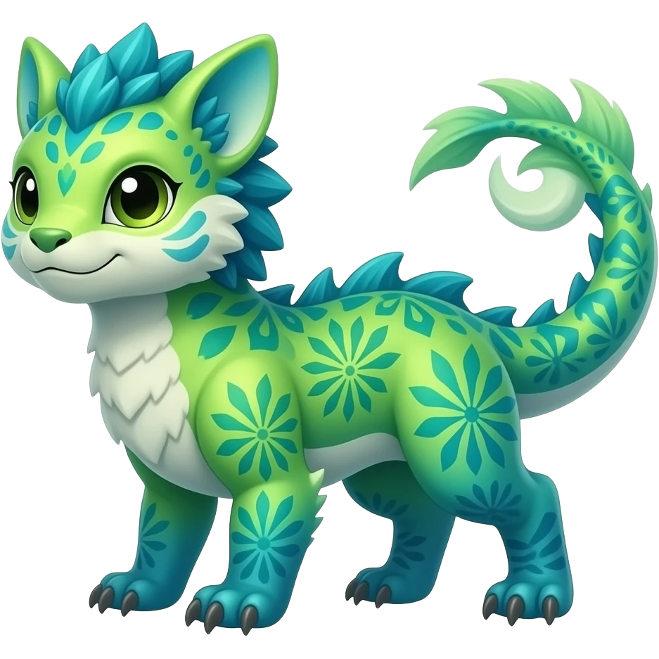 Rare realistic iridescent neon lime-green & cyan gradients lush tropical exotic cute epic pretty beautiful handsome gorgeous aesthetic colorful vibrant Vernid-Protogen-Primagen-Wickerbeast-Genet-Trico-species-Fakemon-hybrid-creature by LiLaiRa, beautiful intricate markings, full body emoji