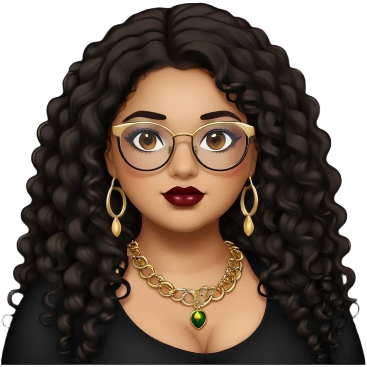 teen big plus size, latina, darker tan skin, gold jewelry, long black curly hair, baddie,pretty, makeup, dark red lipgloss, black eyeliner, long hair, black top, black glasses emoji